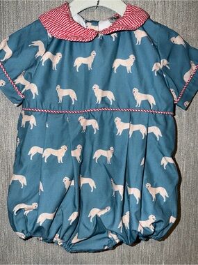 Boys Blue Dog-Print Bubble with Red Gingham